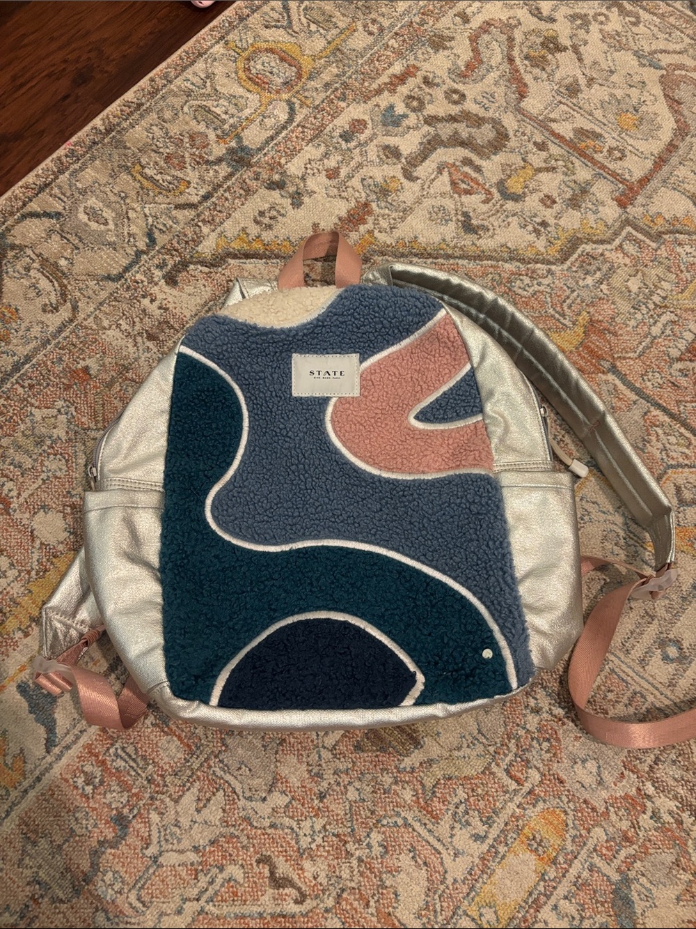 STATE Silver Backpack with Blue and Pink Sherpa Front